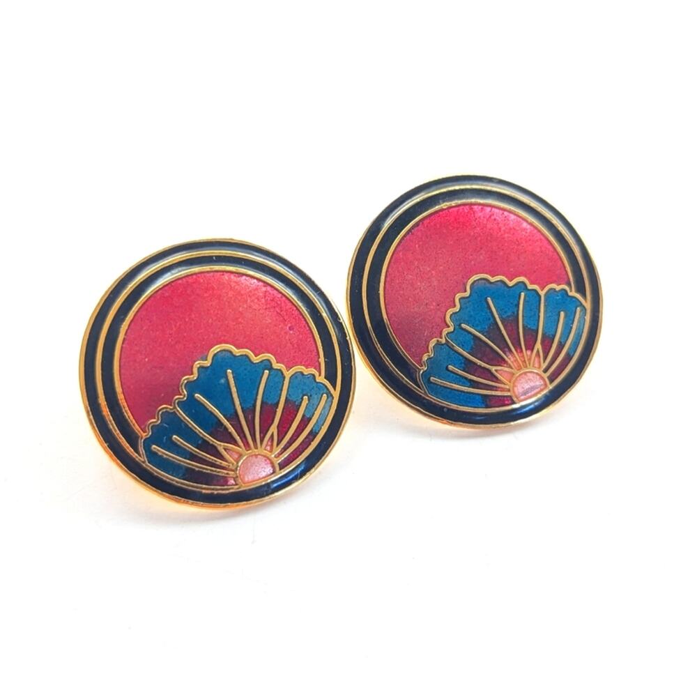 Vintage Estate Cloisonne Enamel Floral Round Button Style Post Stud Earrings